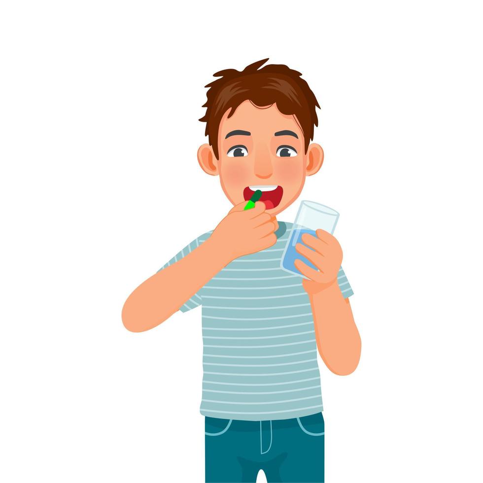 handsome young man feeling sick taking medicine capsule with a glass of water vector