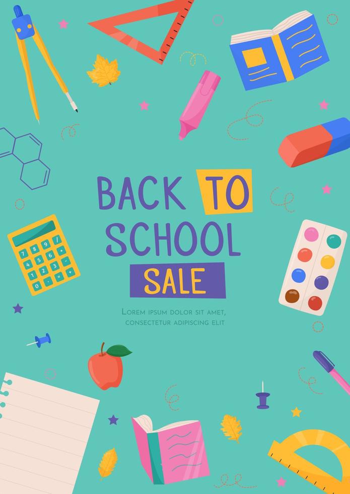 Back to school card with colorful school supplies. Colorful back to school templates for invitation, poster, banner, promotion, sale. School supplies cartoon illustration. vector