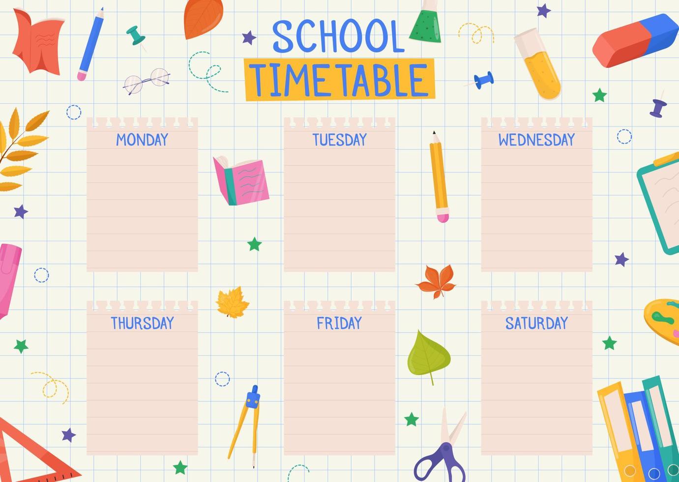 Cute childish school timetable, weekly classes schedule for kids with school supplies. Printable planner, diary for student. Stationery set for children. To Do List. vector