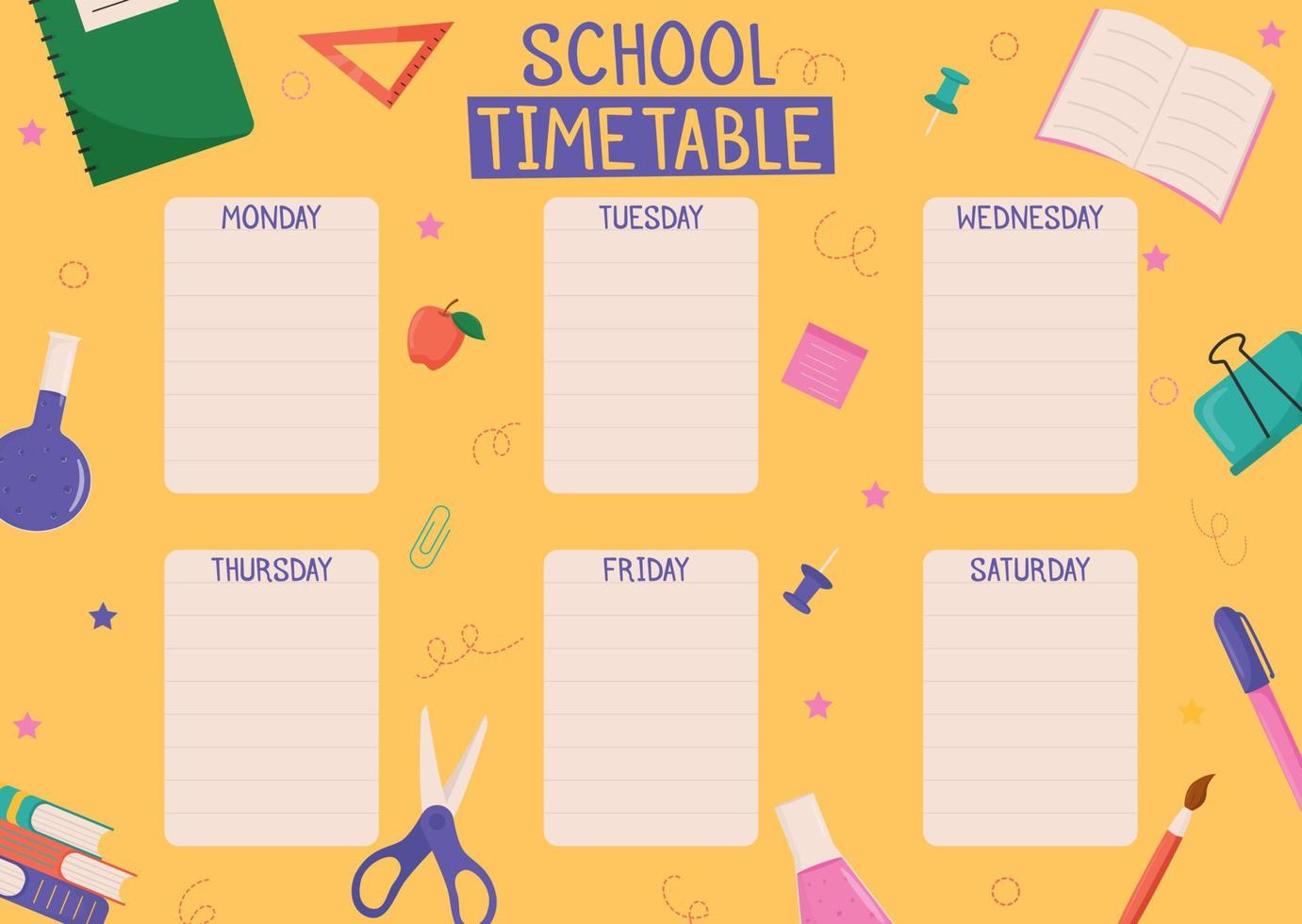 Cute childish school timetable, weekly classes schedule for kids with school supplies. Printable planner, diary for student. Stationery set for children. To Do List. vector