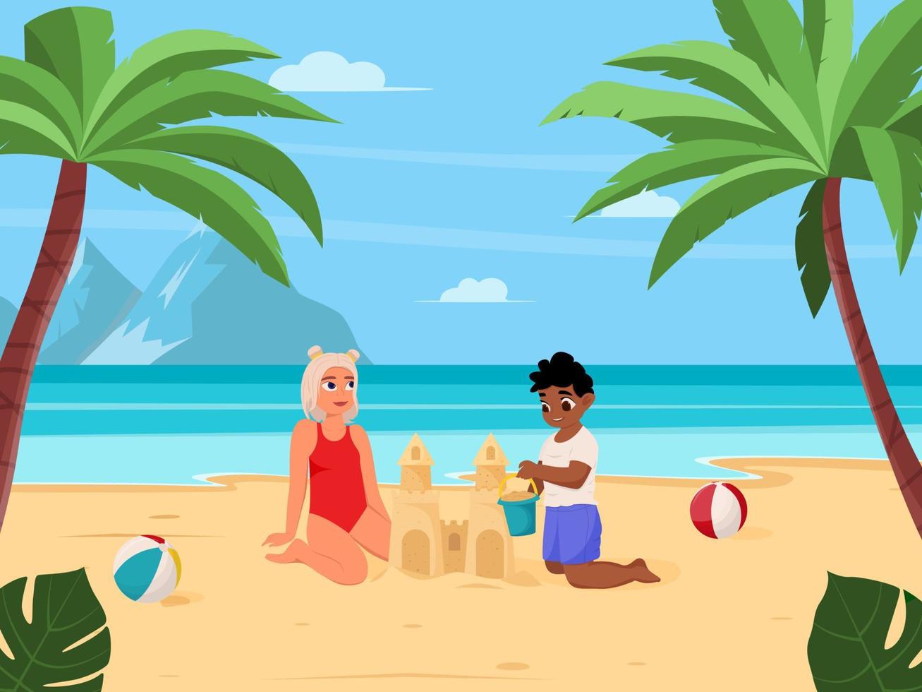 fondo del concepto de vacaciones de verano. hermoso paisaje de playa de verano con mar, palmeras, castillo de arena. los niños están construyendo un castillo de arena. ilustración de vector plano para cartel, pancarta, volante