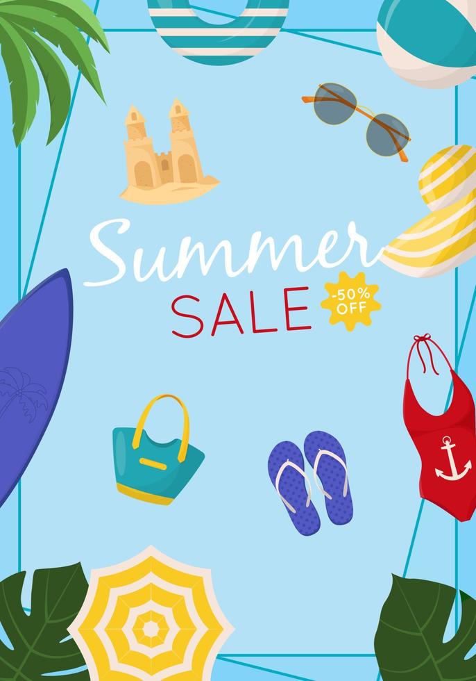 diseño de banner web de venta de verano. texto de descuento de venta de verano con elementos de playa como traje de baño, pelota de playa y chanclas para promoción de temporada de verano para pancartas, papel tapiz, volantes, invitación vector