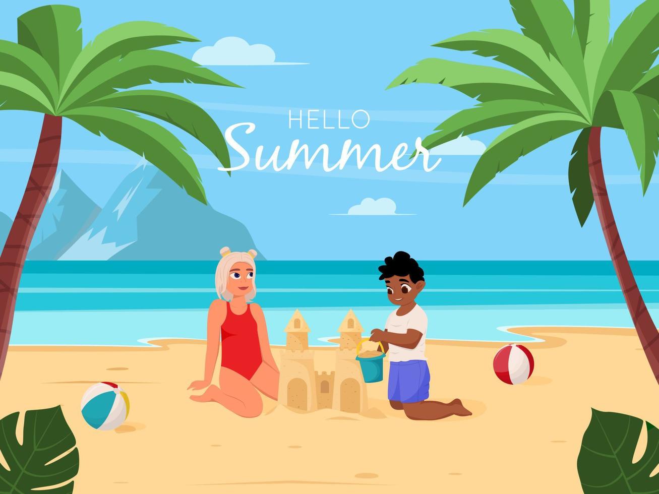 Summer vacation concept background. Beautiful summer beach landscape with sea, palm trees, sand castle. Children are building a sand castle. Flat vector illustration for poster, banner, flyer.
