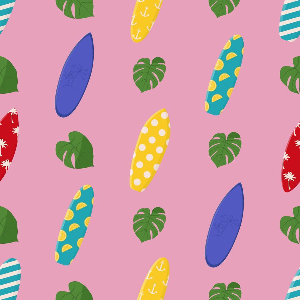 Cartoon surfing boards with summer design seamless pattern. Summer sport leisure activity, holiday equipment. Flat vector illustration