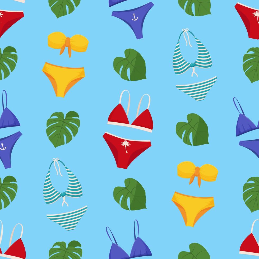 Women's swimwear seamless pattern. Fashionable bikini tops and bottoms. Women's swimsuits for summer vacation. vector