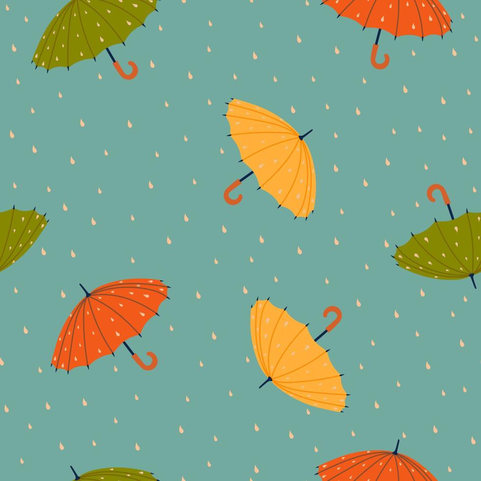 Seamless pattern with umbrellas and drops. Vector graphics.