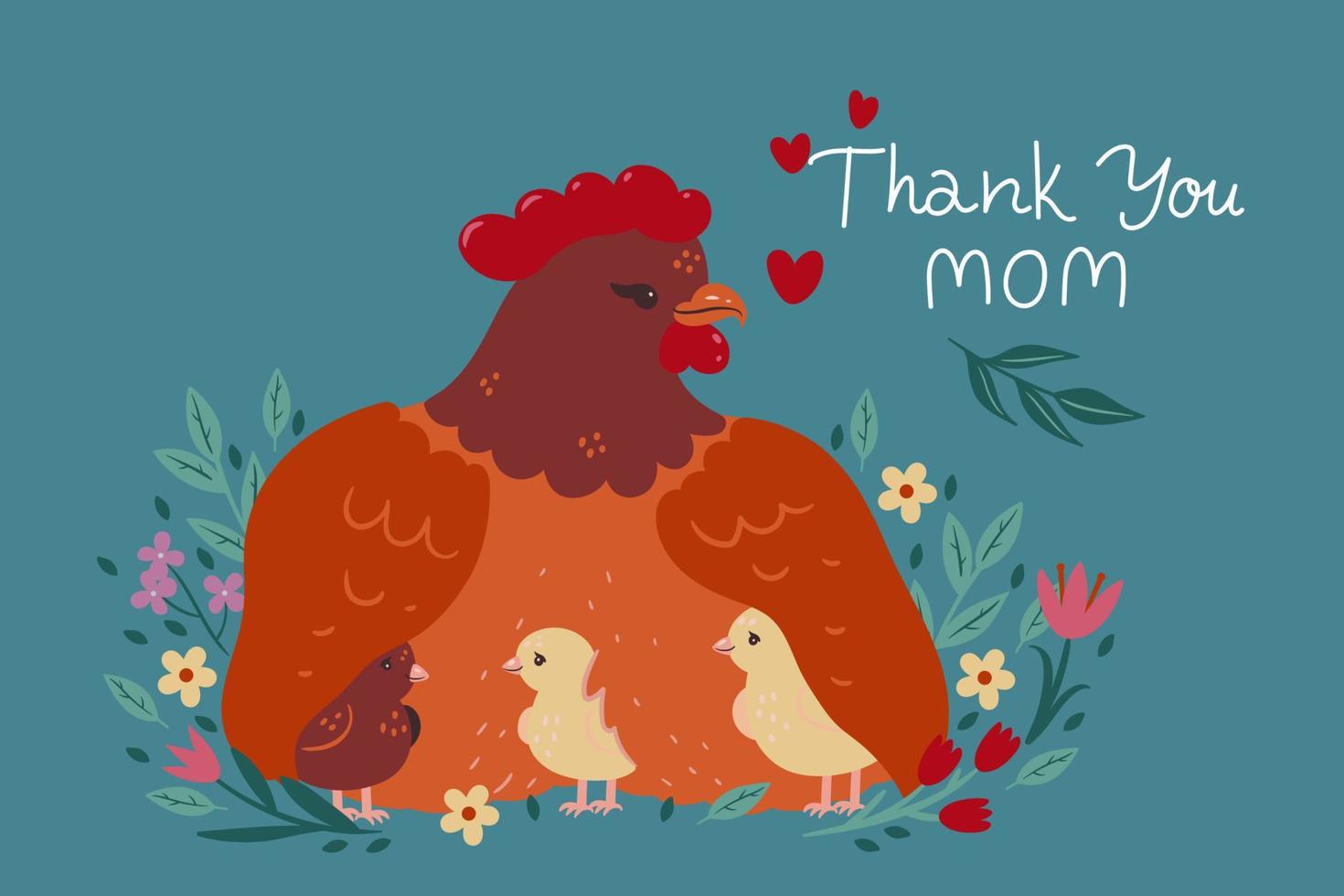 Mother's Day poster or card with hen and chicks. Vector graphics.