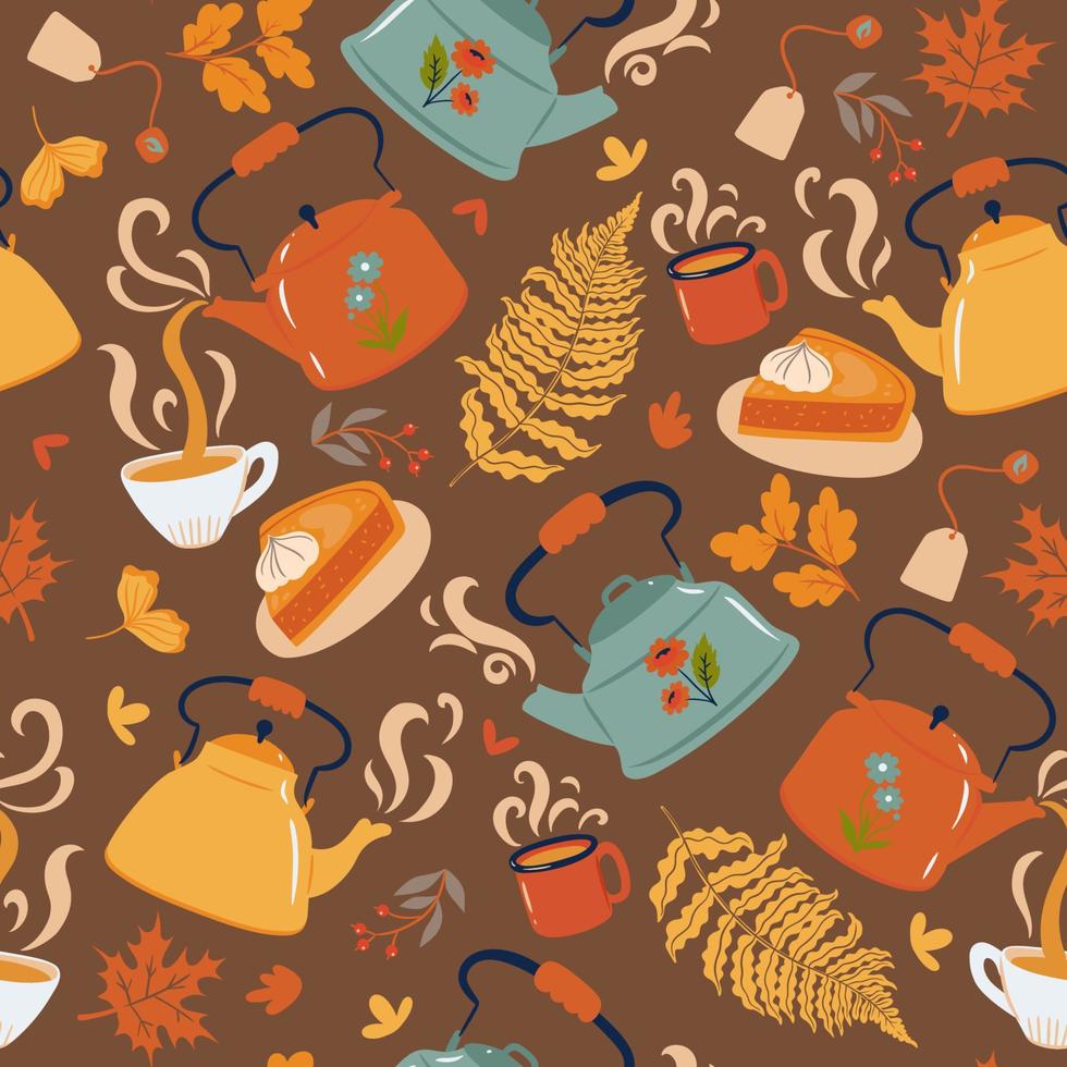 Seamless pattern with teapots and cups. Vector graphics.