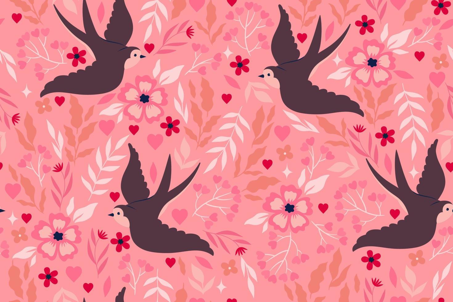 Seamless pattern with swallows, hearts and flowers. Vector graphics.