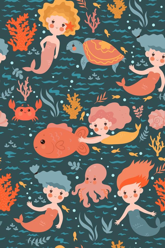 Seamless pattern with cute mermaids. Vector graphics.