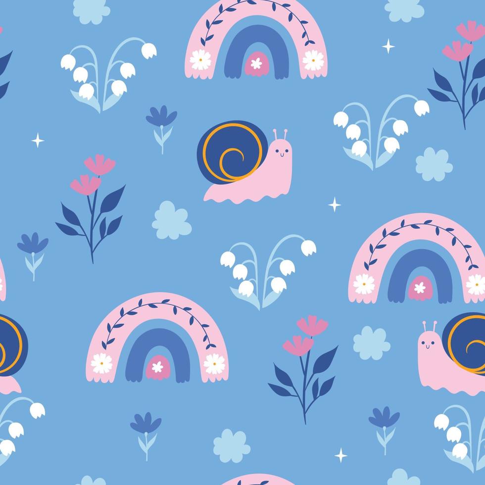 Seamless pattern with cute snails, rainbows and flowers. Vector graphics.