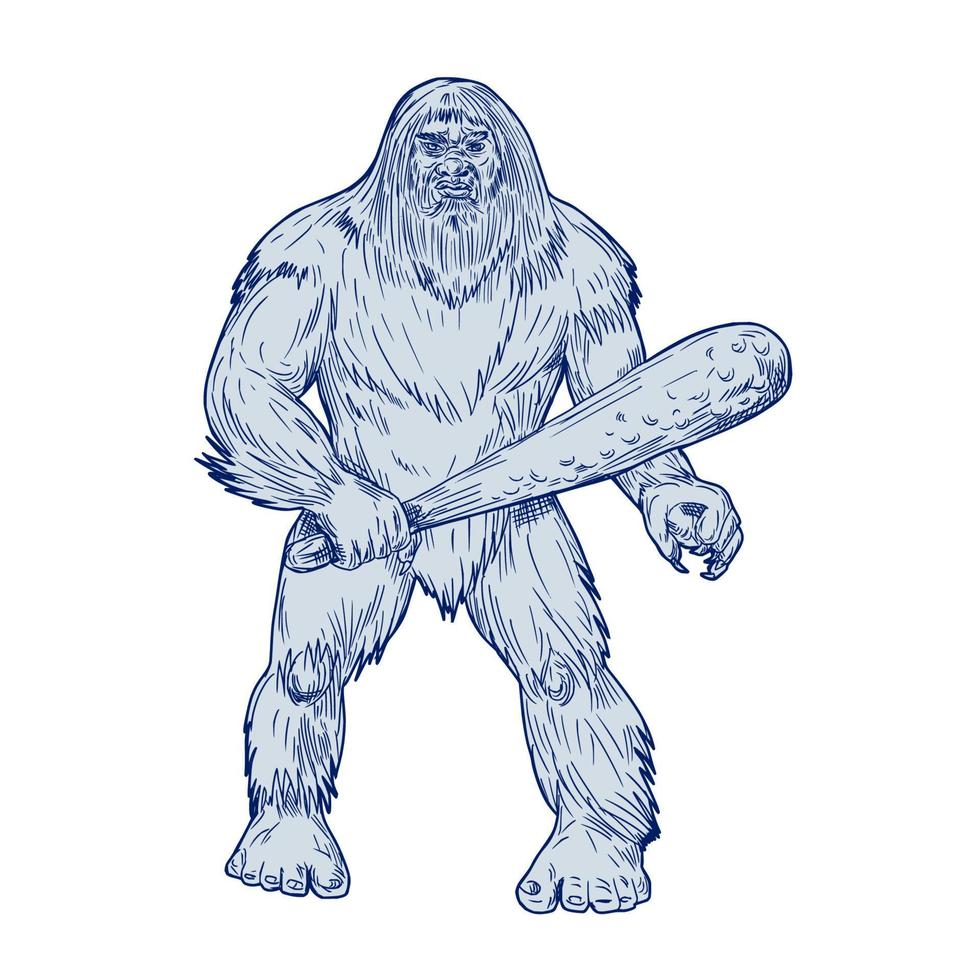 Bigfoot Holding Club Standing Drawing vector