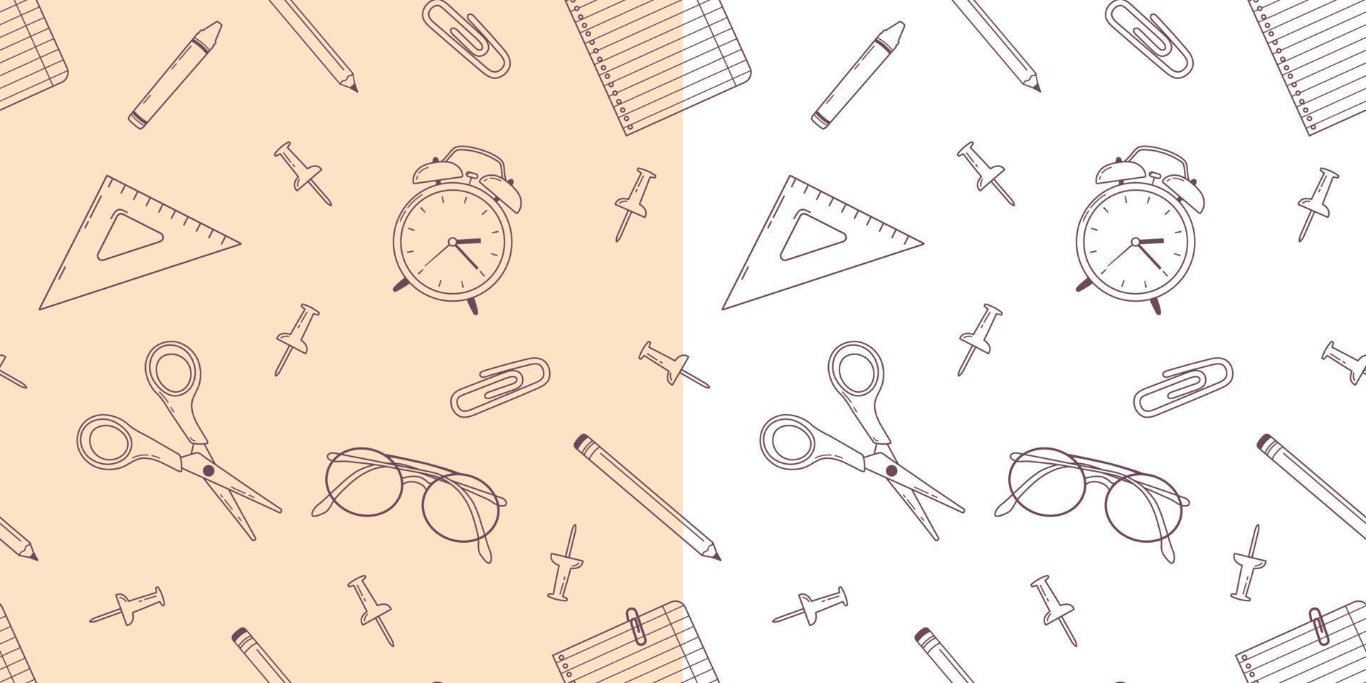 Back to school seamless pattern. Line art doodle illustration with school supplies. Scissors, pins, clips, glasses, pencil, paper, alarm clock and ruler. Vector background