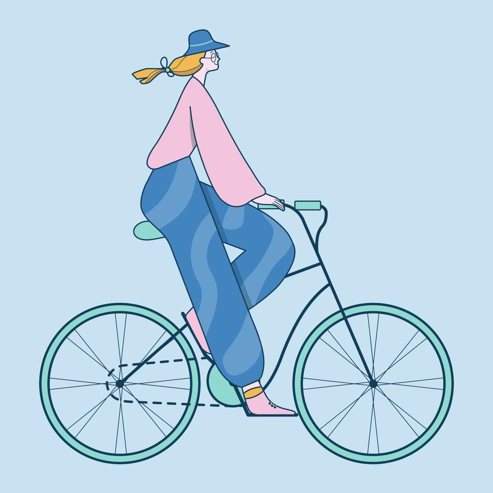 Girl on the bicycle vector illustration, active and healthy lifestyle, ride. Flat icon illustration