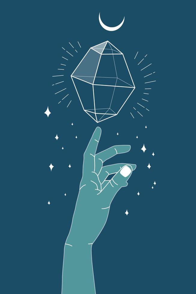 mano alcanzando la ilustración del contorno de la gema de cristal. concepto de cristal mágico. ilustración vectorial moderna. gema de arte de línea transparente con hojas y estrellas. diseño minimalista para web. vector