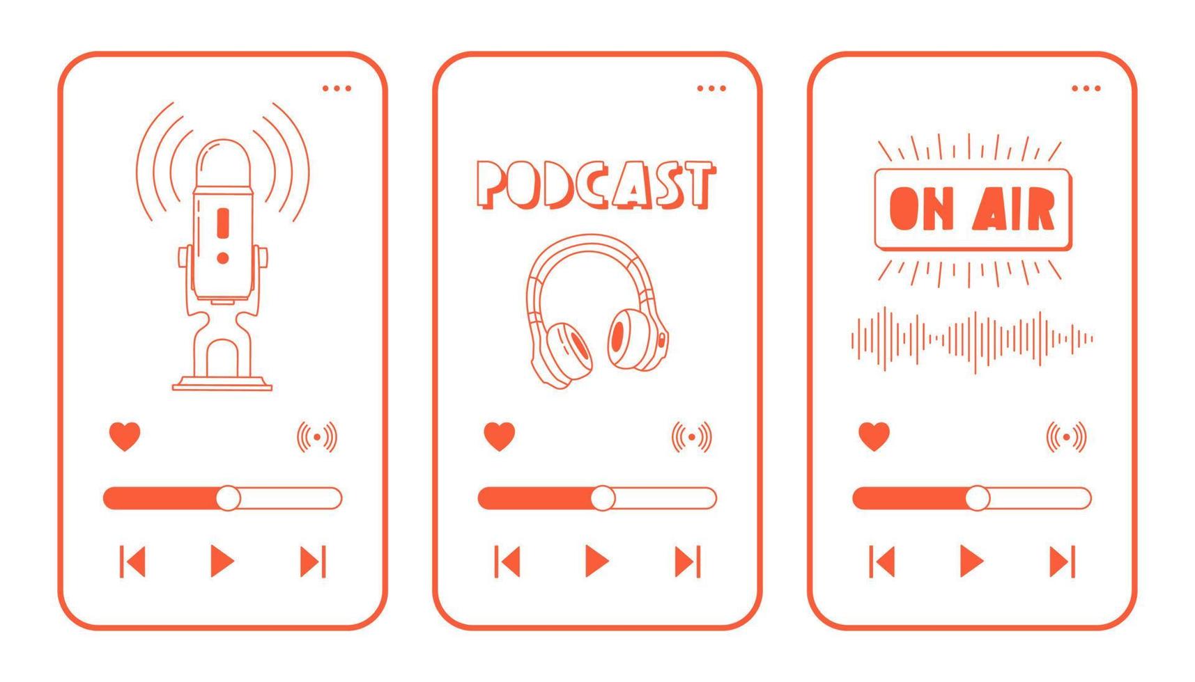 Headphones, microphone, on air icons on phone screen. Podcast recording and listening, broadcasting, online radio, audio streaming service concept. Hand drawn vector isolated illustrations