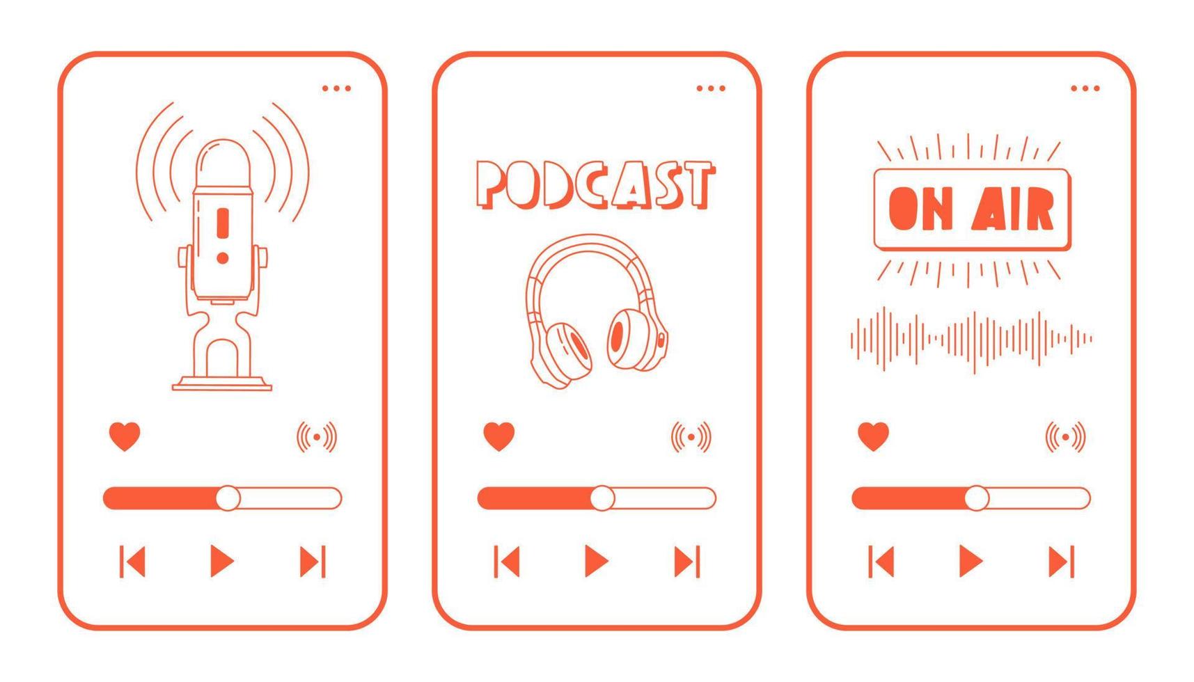 auriculares, micrófono, iconos de aire en la pantalla del teléfono. Grabación y escucha de podcasts, radiodifusión, radio en línea, concepto de servicio de transmisión de audio. Ilustraciones de vectores dibujados a mano