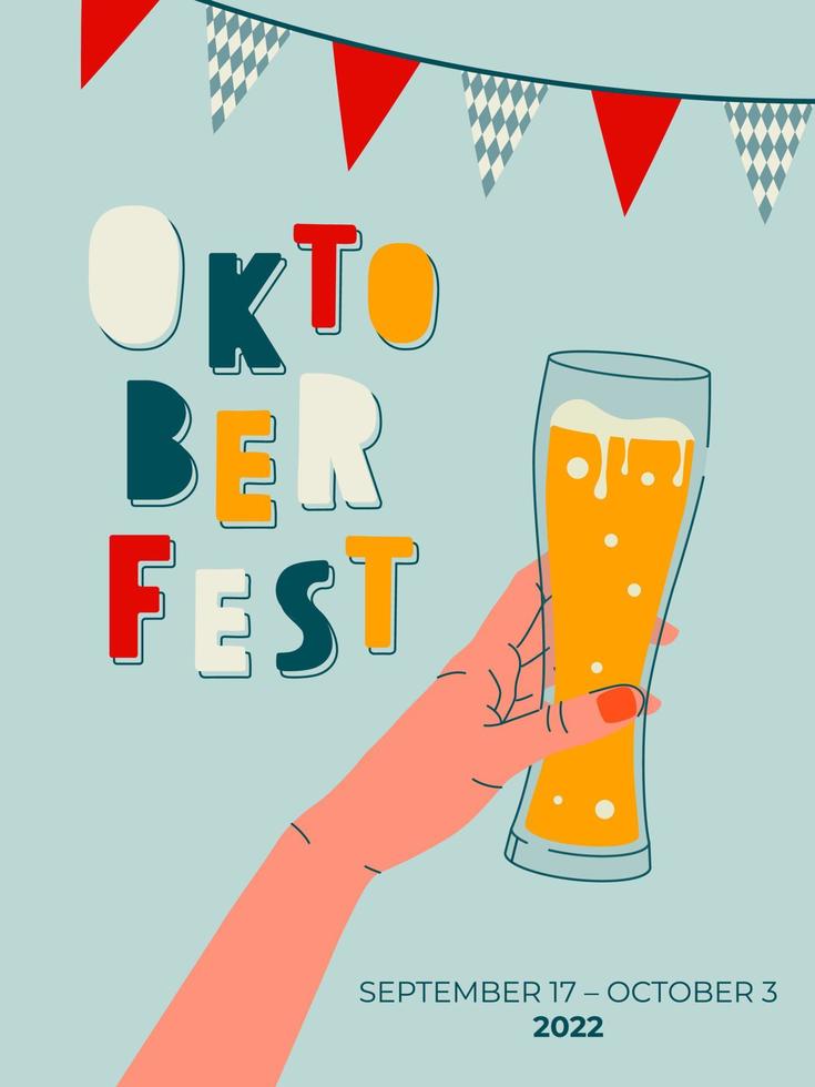 Woman s hand holding glass of beer. Banner design template for Oktoberfest. Colorful template for poster, banner, magazine first page, leaflet, business flyer. Promotion concept card. vector