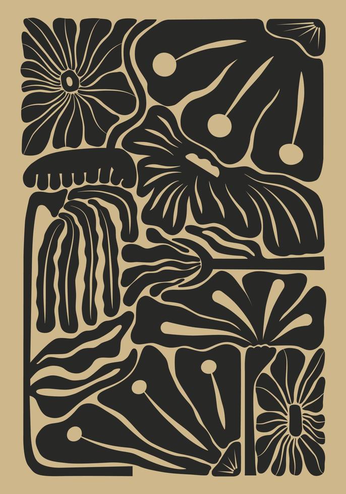 cartel de ilustración floral estética dibujada a mano negra abstracta aislado sobre fondo beige. plantilla de concepto retro botánico perfecta para postales, arte mural, pancarta, fondo, etc. vector