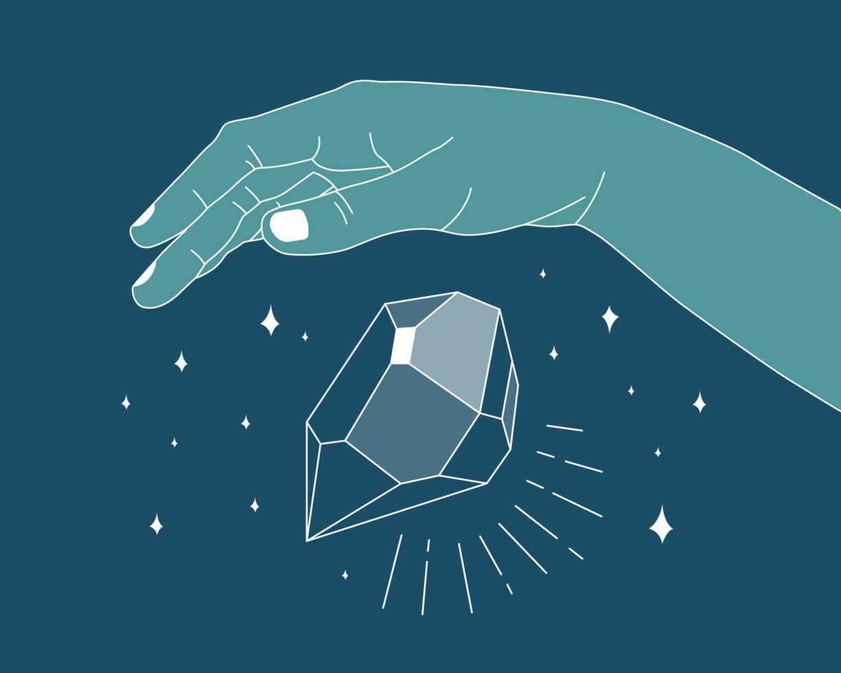 mano que sostiene la ilustración del contorno de la gema de cristal. concepto de cristal mágico. ilustración vectorial moderna. gema de arte de línea transparente con estrellas. diseño minimalista para web. vector