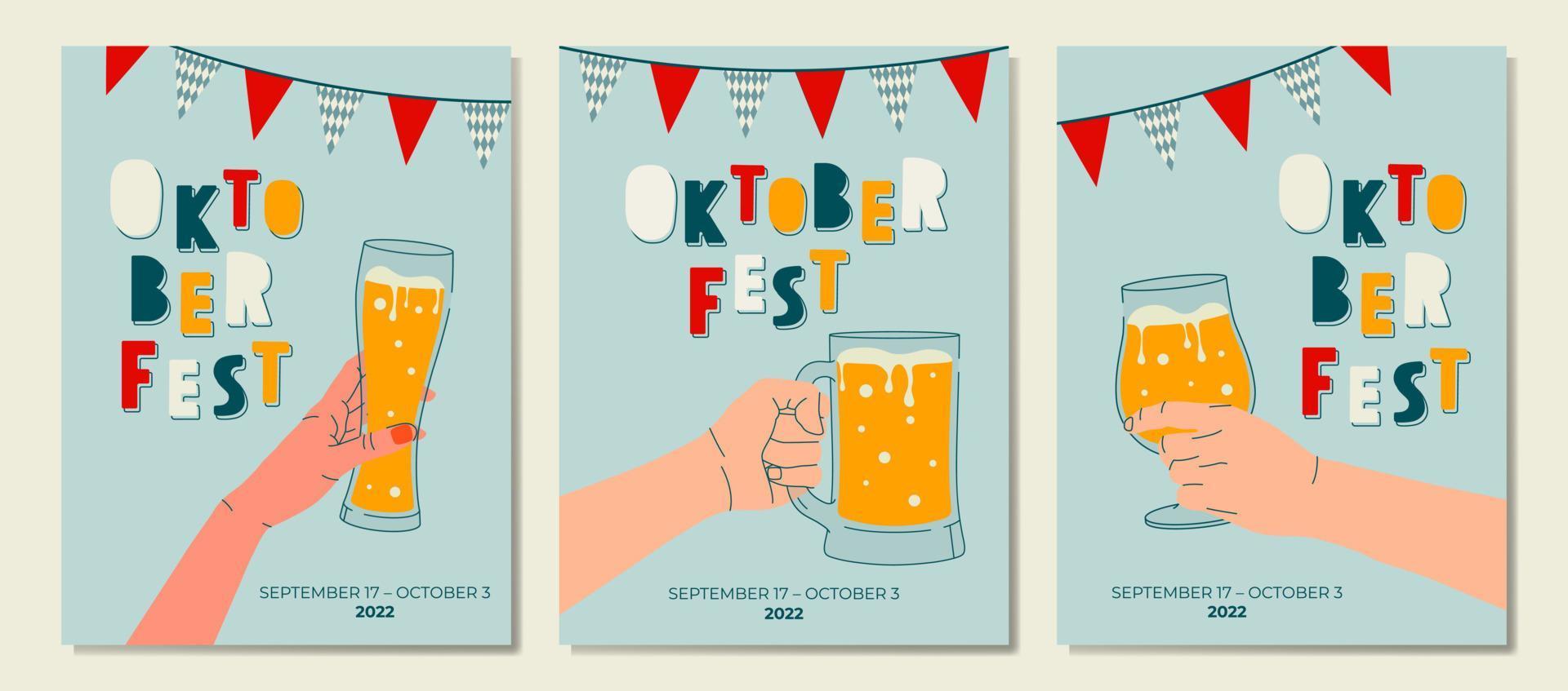 Hands holding glass of beer. Set of banners design templates for Oktoberfest. Colorful templates for poster, banner, magazine first page, leaflet, business flyer. Promotion concept cards. vector