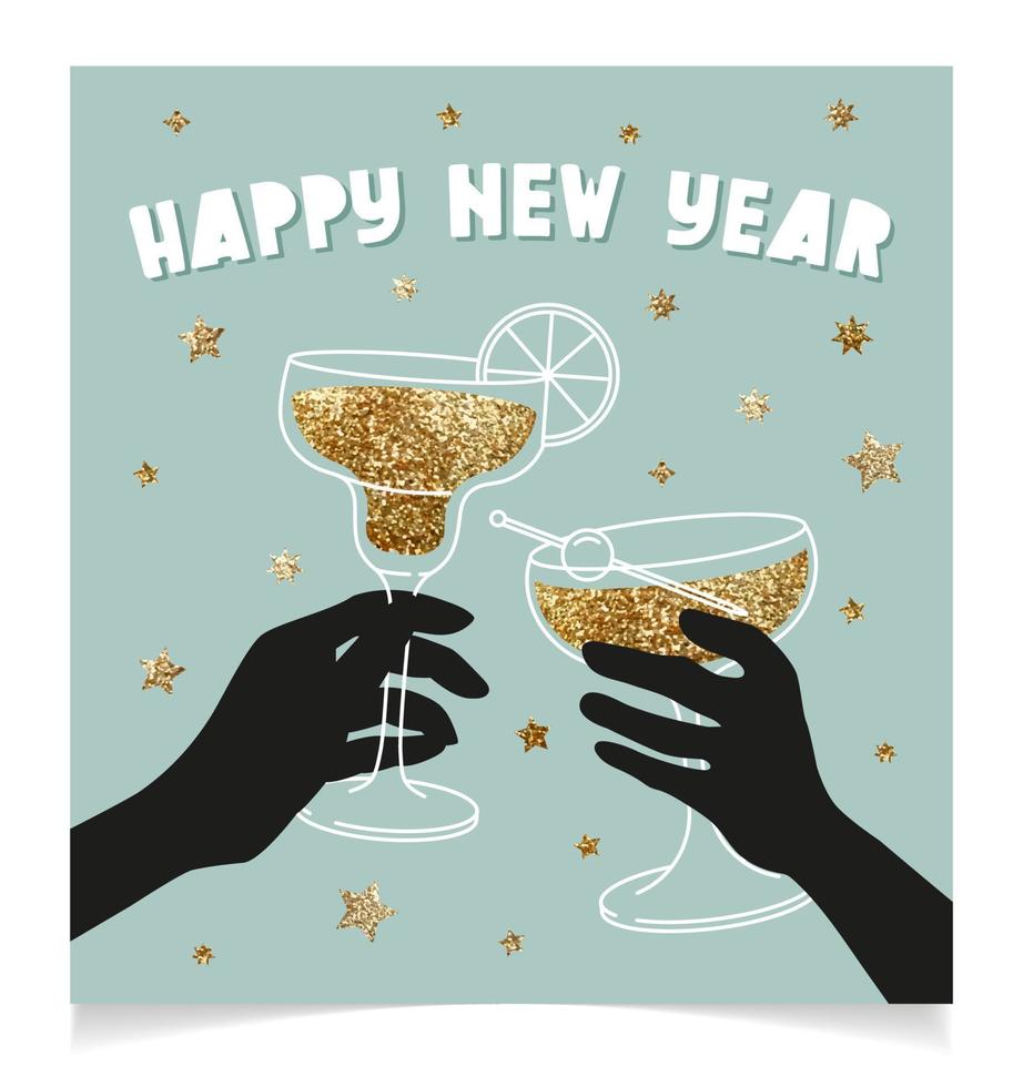 Happy new year cute greeting card line art illustration vector design. Invitation for party. Hands holding cocktail glasses. Cheers