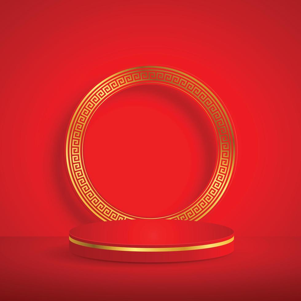 Podium round stage, chinese gold pattern with oriental asian elements on red color background, for wedding invitation card, happy new year, happy birthday, valentine day, greeting cards, poster. vector