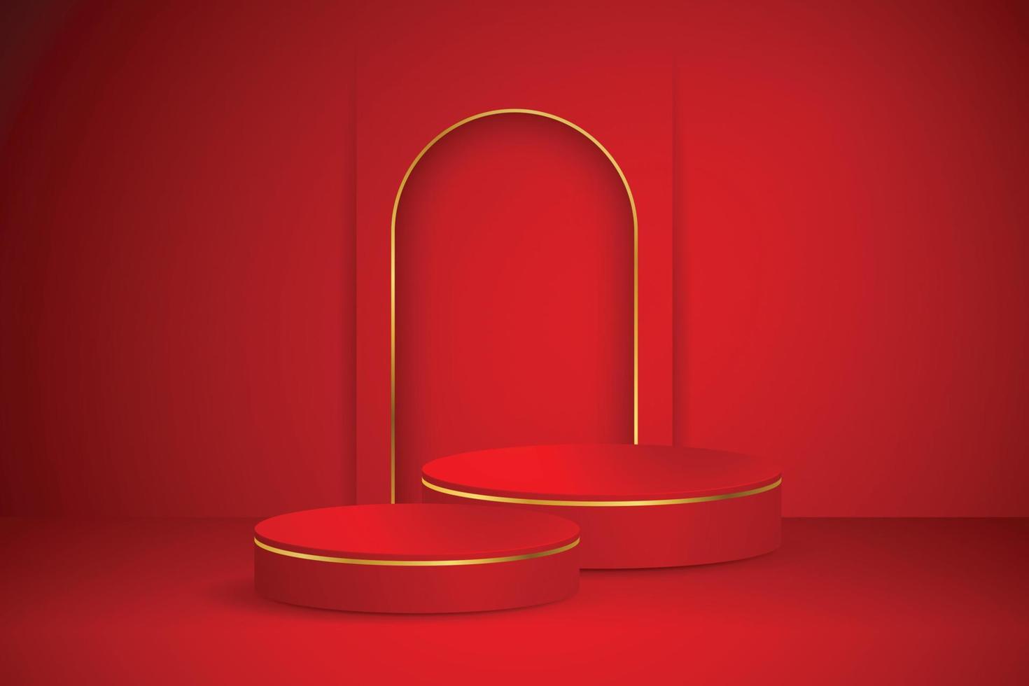 Red podium and modern gold border with geometric background. Abstract vector illustration showing a 3D shape for placing a product with copy space.