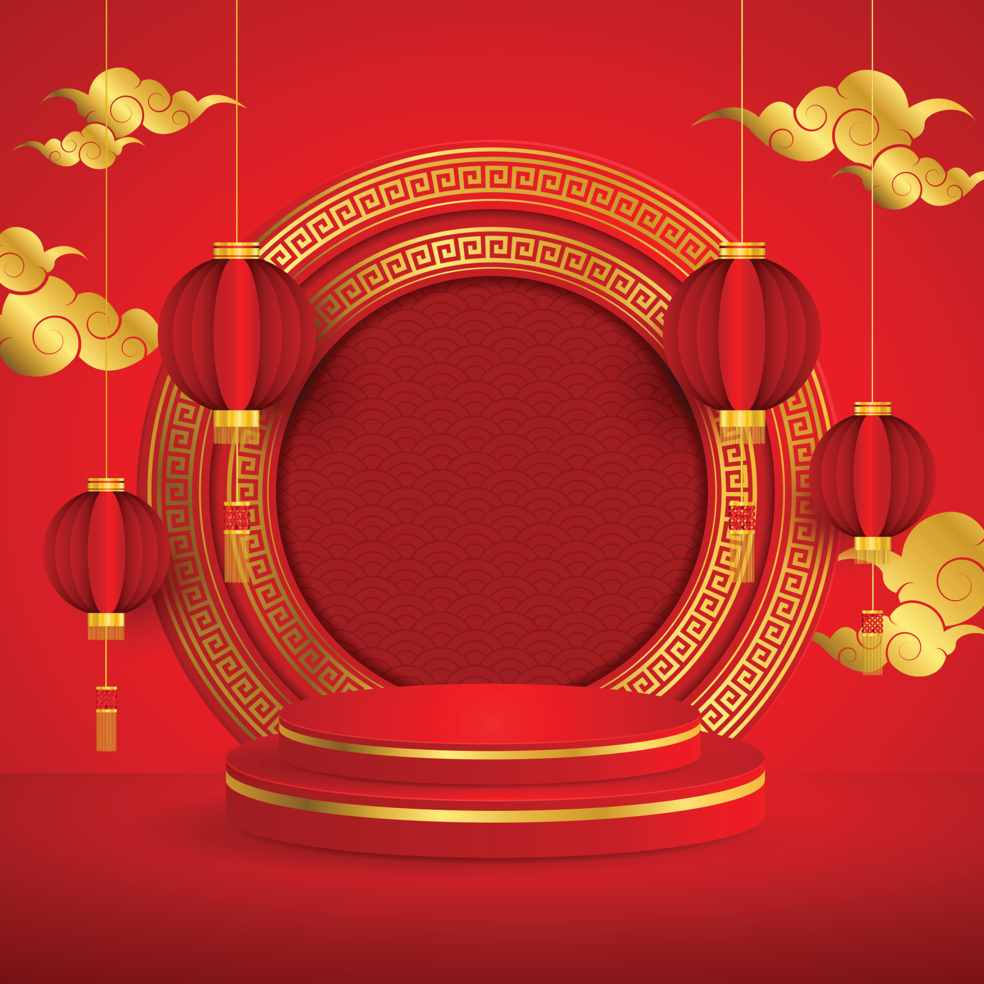 Podium round stage, chinese gold pattern with oriental asian elements on  red color background, for wedding invitation card, happy new year, happy  birthday, valentine day, greeting cards, poster. 9426947 Vector Art at