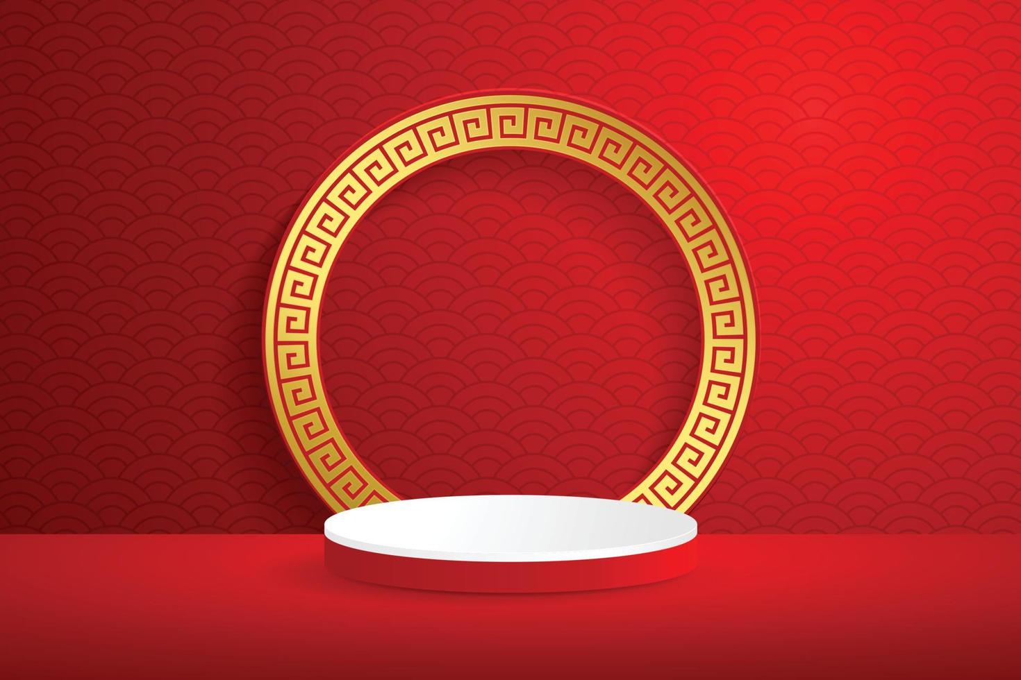podios alrededor del diseño de escenario de estilo chino para el festival de año nuevo chino o el festival de mediados de otoño con arte cortado en papel rojo sobre fondo de color rojo y elementos asiáticos con estilo artesanal sobre fondo. vector