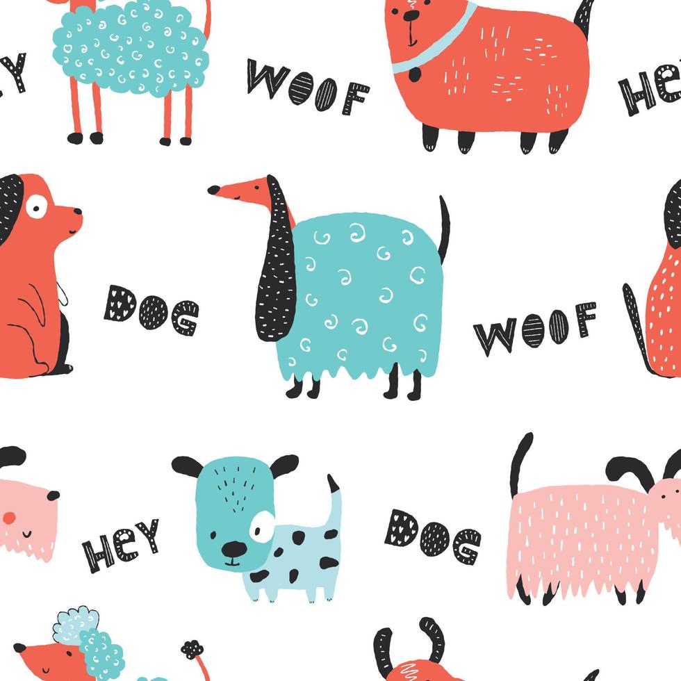 Childish seamless pattern with funny creative dogs. Creative childish texture in scandinavian style. Great for fabric, textile Vector Illustration.