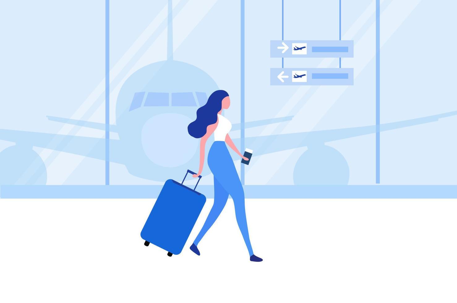 concepto de viaje a bordo, mujer con bolsa de viaje caminando en la ilustración del vector del aeropuerto.