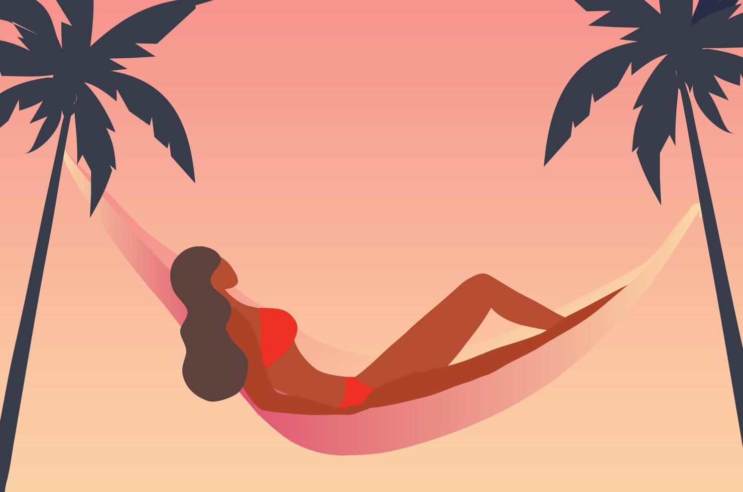 Beautiful bikini woman on the beach sunset palm background vector illustration. Enjoy summer concept