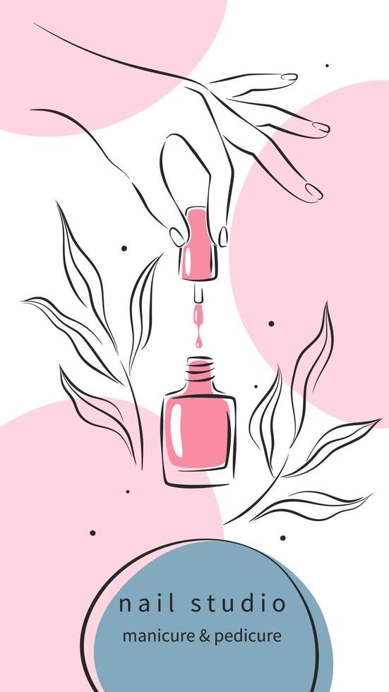 Design layout nail studio for social media posts and stories, mobile apps. Nail polish. Vector illustrations