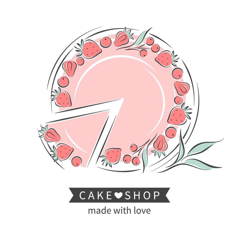 Cake shop logo. Cake and berries. Vector illustration on white background for menu, recipe book, baking shop.