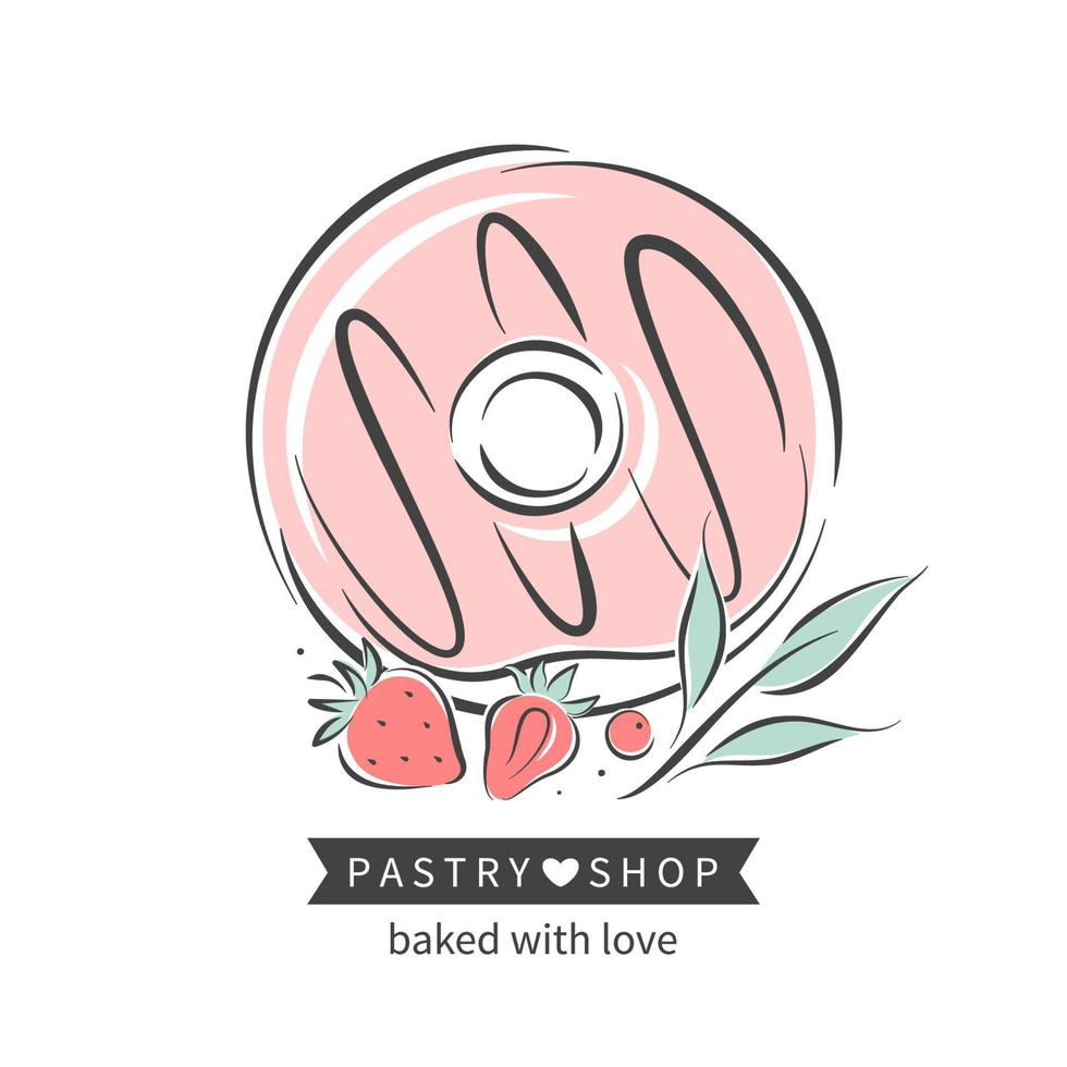 Donut and berries. Pastry and bread shop. Vector illustration for logo, menu, recipe book, baking shop, cafe, restaurant.