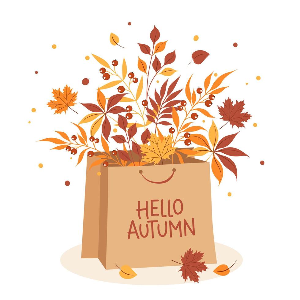 Hello autumn sale banner with paper bag and leaves. Bright poster, flyer with invitation for shopping, template offer of discounts deals. Vector Illustration