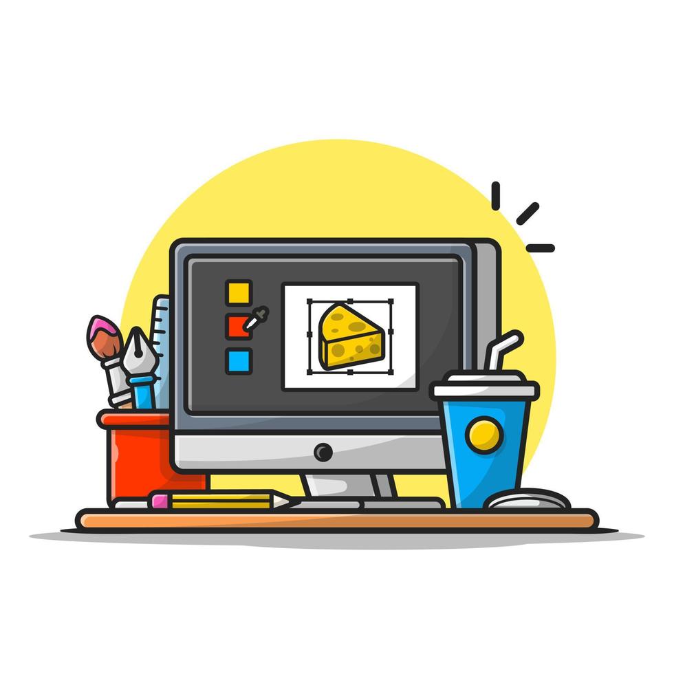 Computer Graphic Designer With Coffee And Stationary  Cartoon Vector Icon Illustration. Technology Drink Icon  Concept Isolated Premium Vector. Flat Cartoon Style