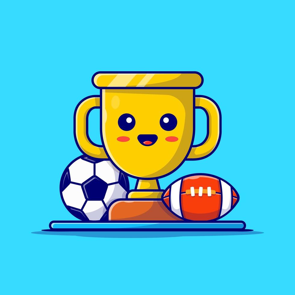 Bonito trofeo deportivo con balón de fútbol y ilustración de iconos vectoriales de dibujos animados de rugby. concepto de icono de objeto deportivo vector premium aislado. estilo de dibujos animados plana