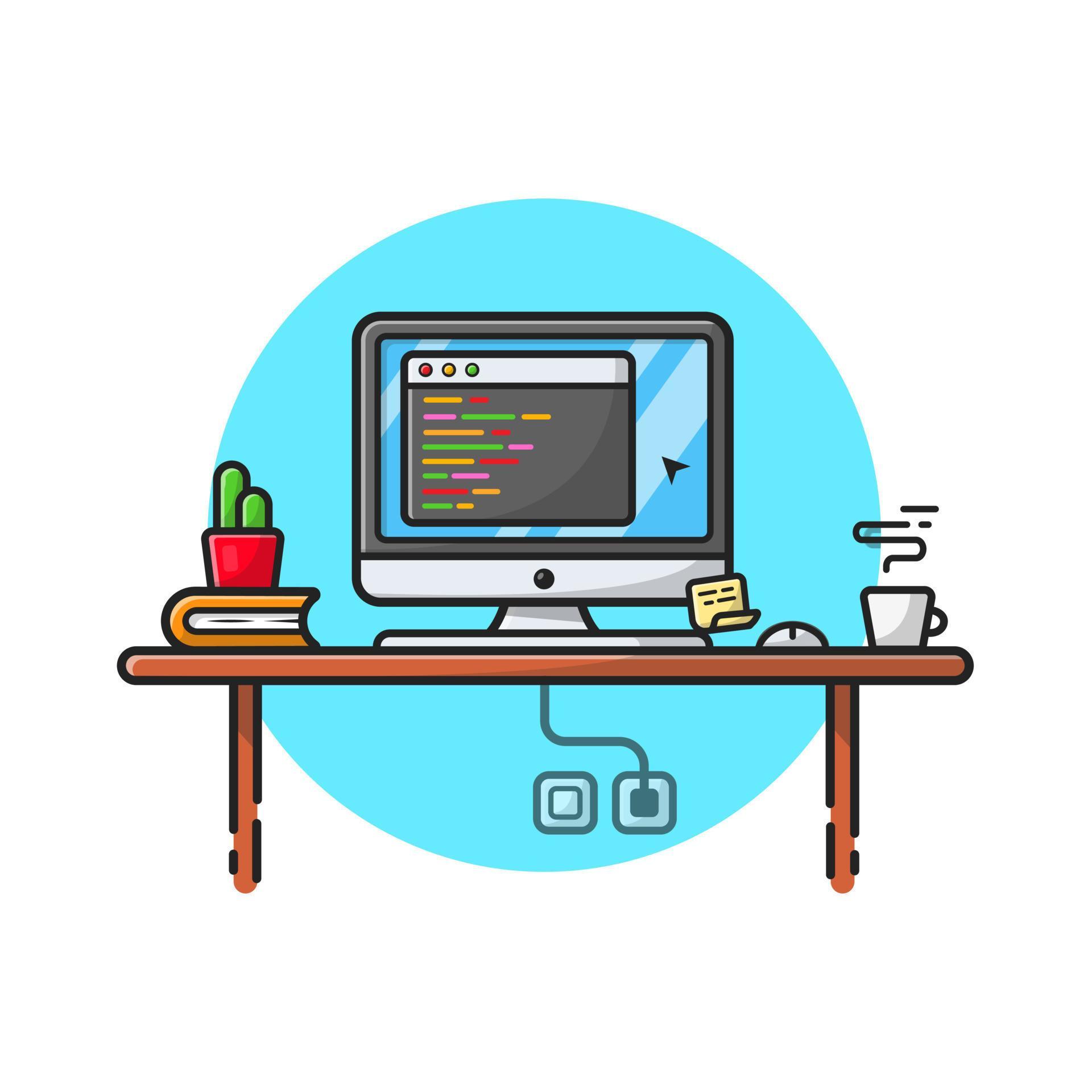 Coding Programmer Workspace with Cactus, Coffee and Book Cartoon Vector ...