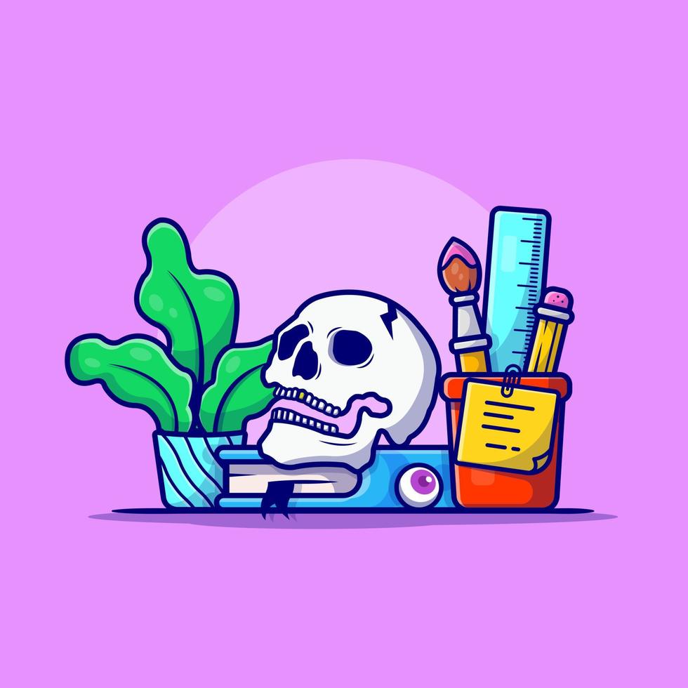 Creative Office Workspace with Skull, Book, and Plant  Cartoon Vector Icon Illustration. Business Holiday Icon  Concept Isolated Premium Vector. Flat Cartoon Style