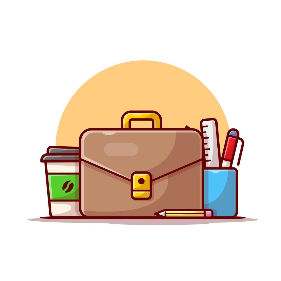 Office Bag with Coffee and Stationery Cartoon Vector Icon  Illustration. Business Object Icon Concept Isolated Premium  Vector. Flat Cartoon Style