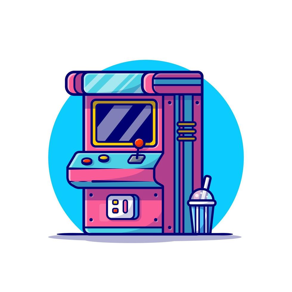 Máquina arcade con ilustración de icono de vector de dibujos animados de soda. concepto de icono de tecnología de recreación vector premium aislado. estilo de dibujos animados plana