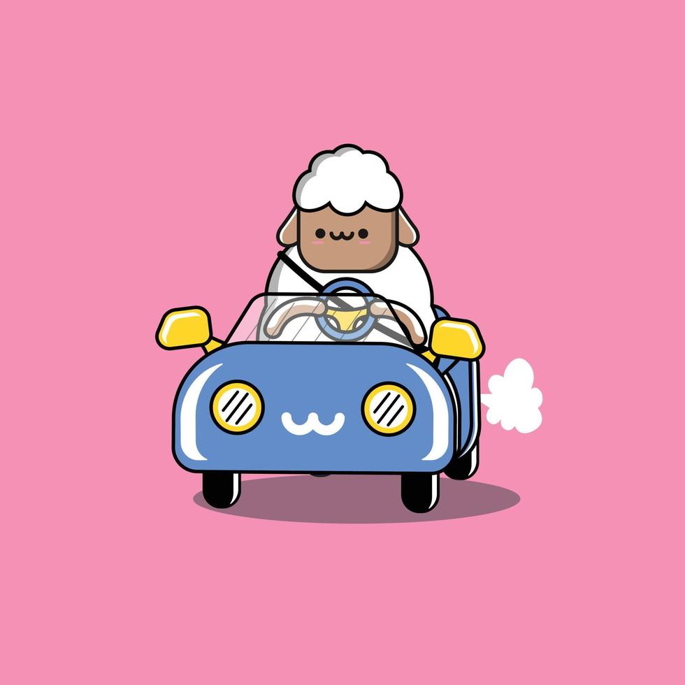 Vector sheep in car wearing seat belt starting the journey