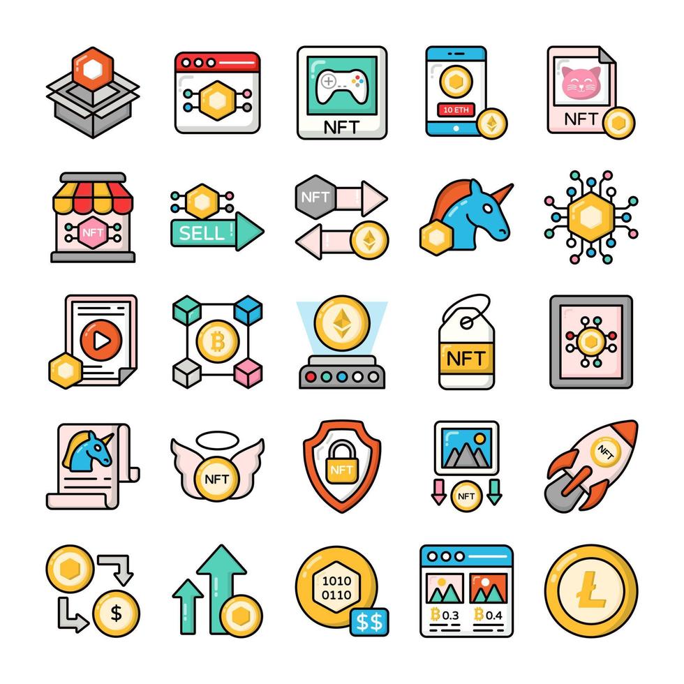 NFT line icon set.  Non-fungible token, Blockchain, crypto, currency, and more. vector