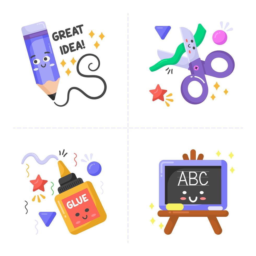 Back to school collection of Stickers for students with school supplies. Vector illustration