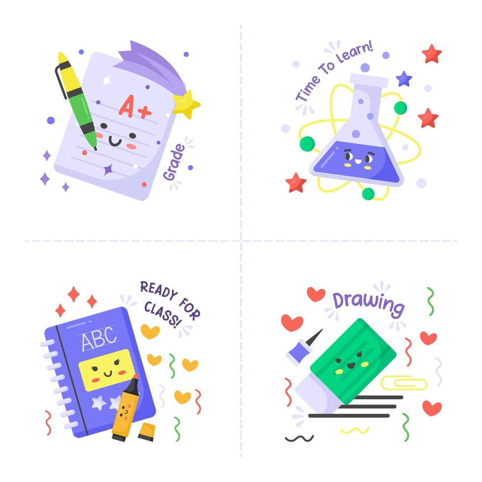 Back to school collection of Stickers for students with school supplies. Vector illustration