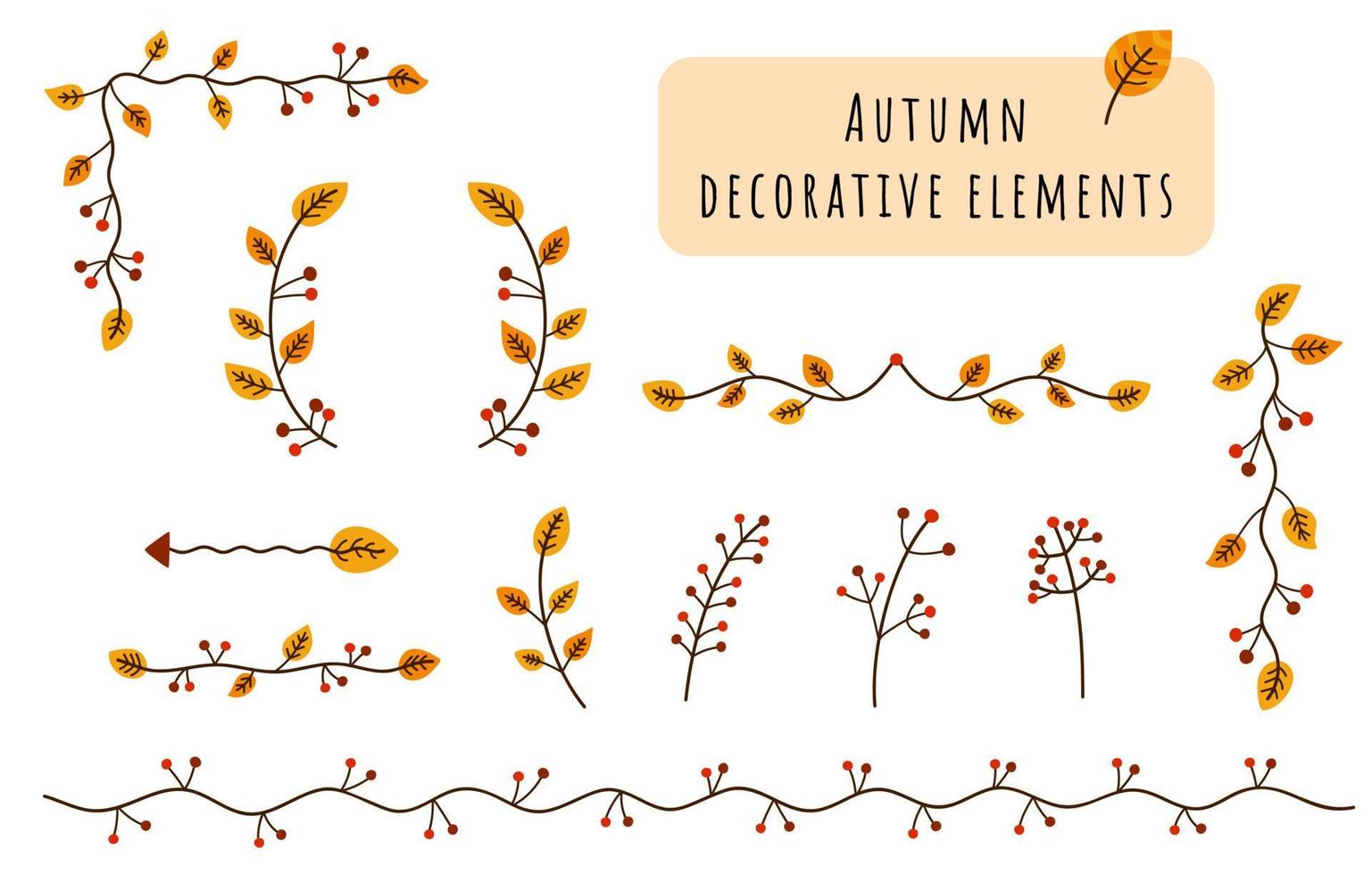 Autumn decorative elements collection. Abstract isolated frames, borders, branches of autumn leaves and berries. Vector botanical doodle illustration.