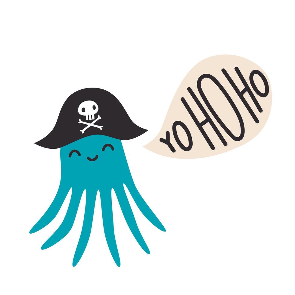 Cute octopus in a pirate hat with lettering YOHOHO. Vector illustration
