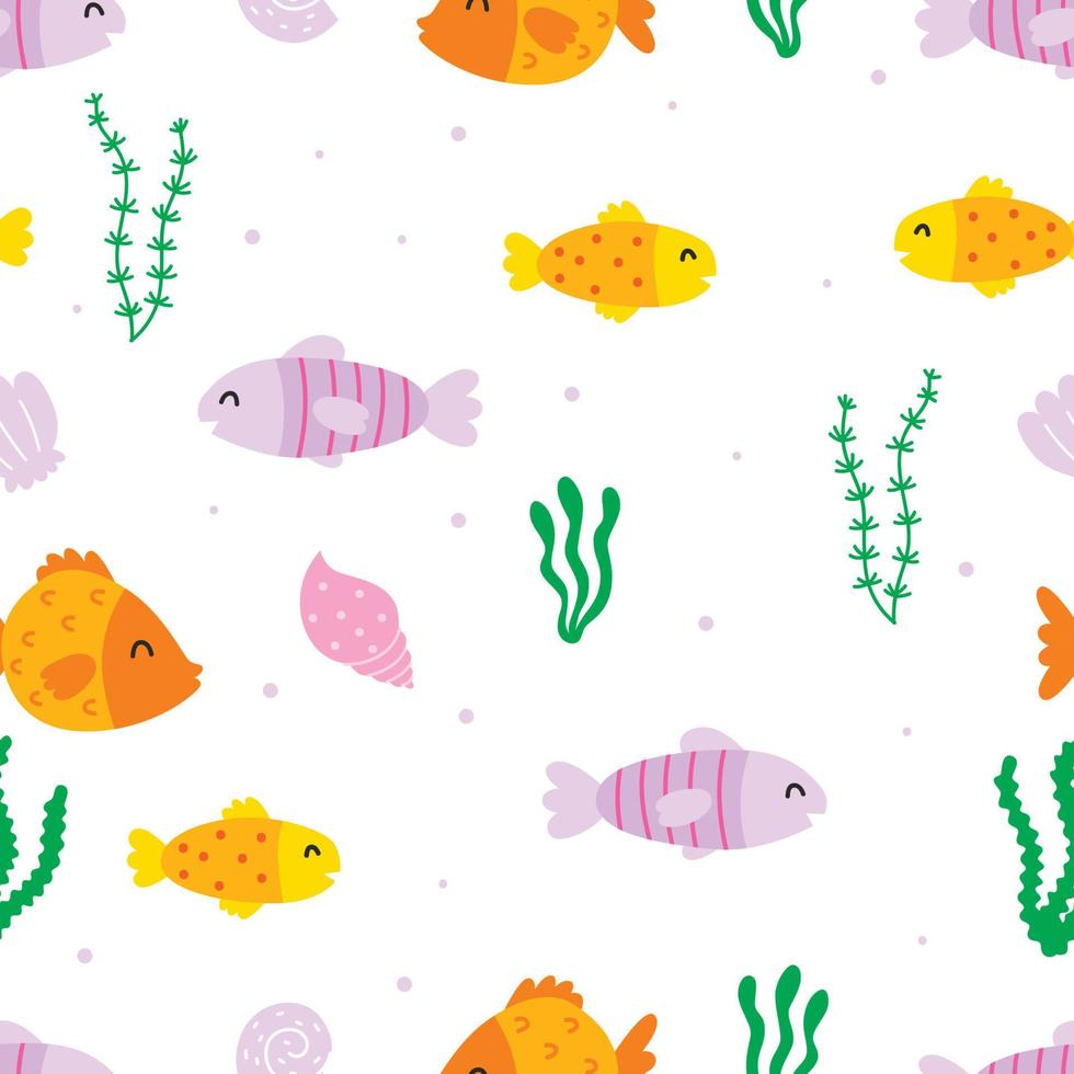 Seamless pattern with cute fish and seaweed. Vector illustration